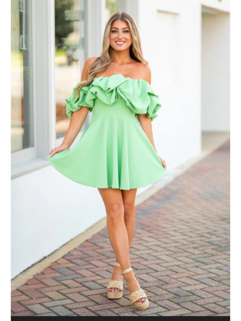 Luxxel Women's Pistachio-colored Off-the-shoulder Ruffle Mini Dress Size S - Picture 3 of 11